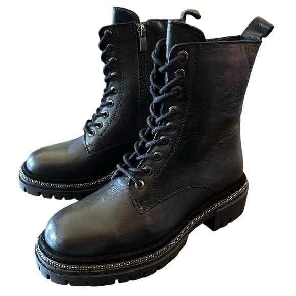 Aqua Aria Leather Combat Boots Rhinestone Trim Lace Up NEW Size 5 - Picture 6 of 11